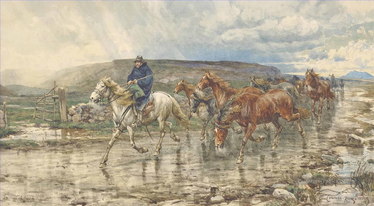 Mauvais temps dans le Campagna romain Enrico Coleman cheval Peintures à l'huile